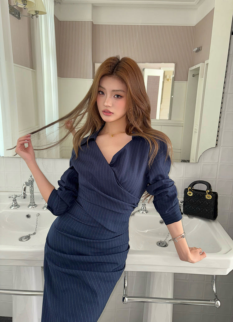 Women's Pinstripe V-Neck Wrap Dress