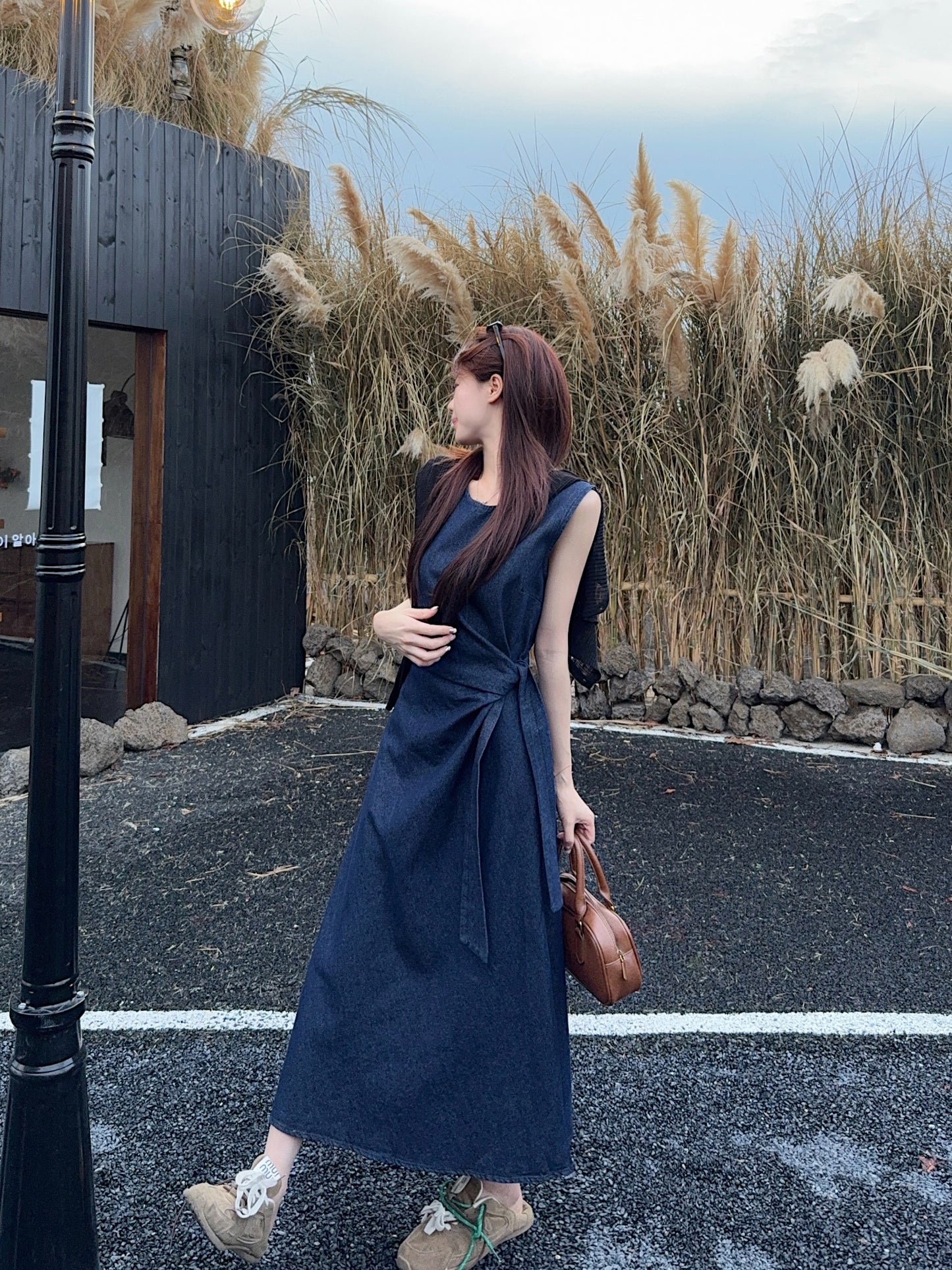 Pleated Blue Denim Dress