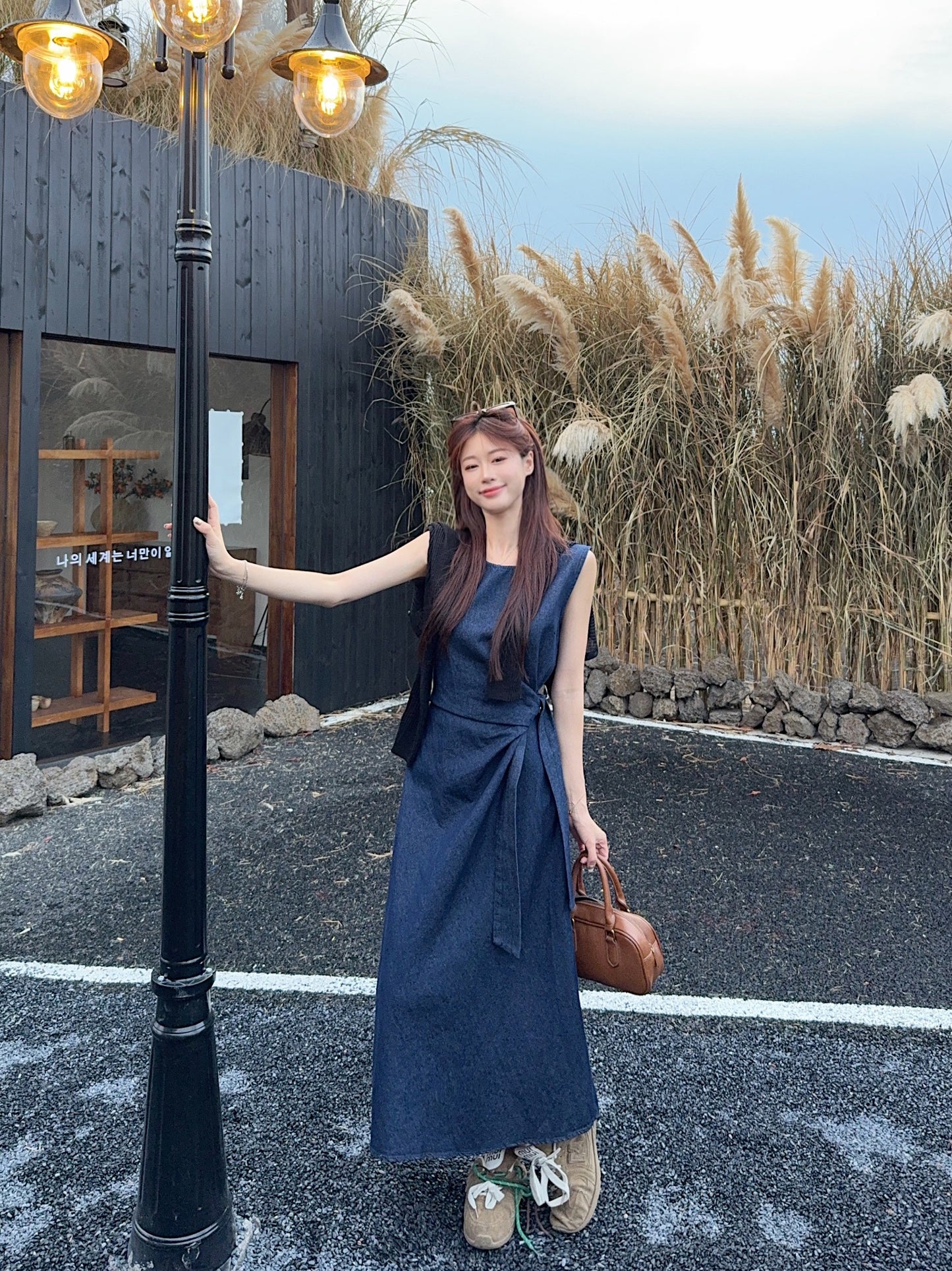 Pleated Blue Denim Dress