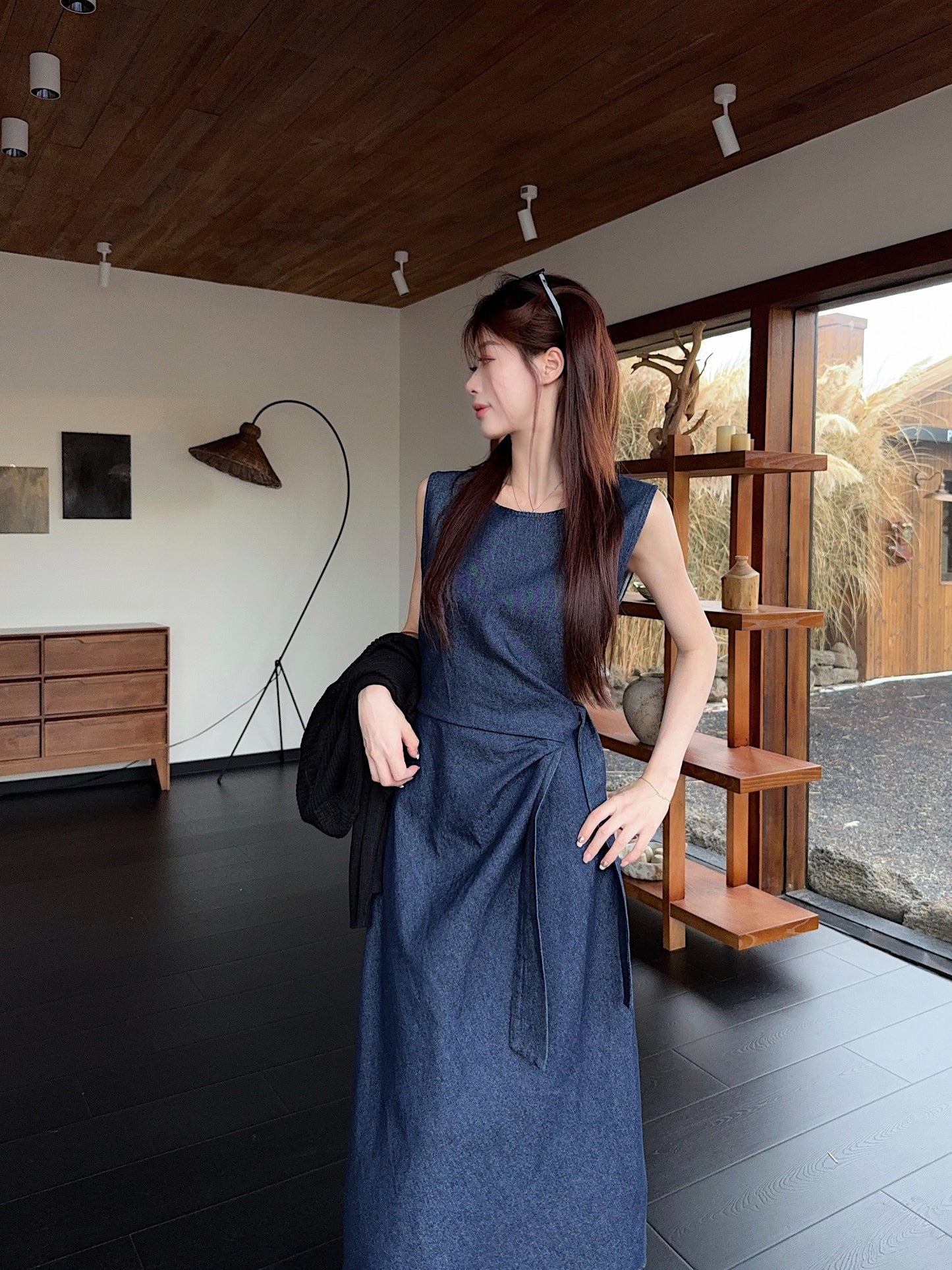Pleated Blue Denim Dress