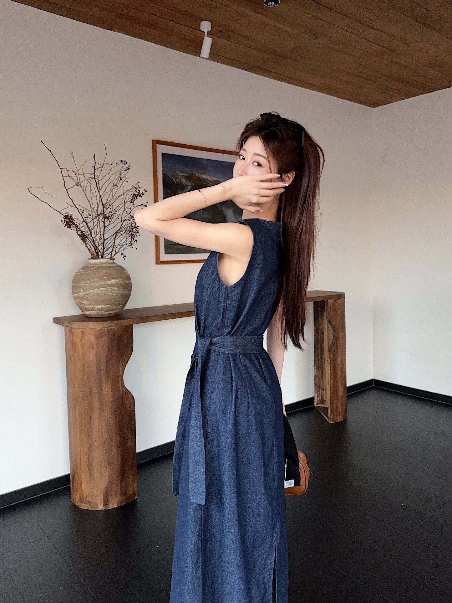 Pleated Blue Denim Dress