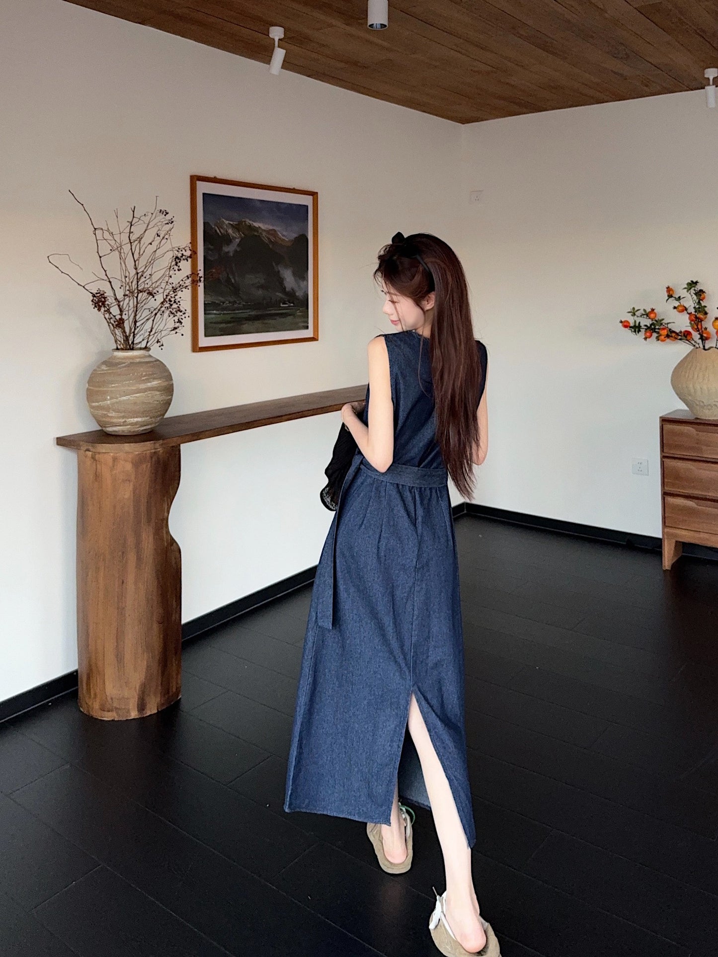 Pleated Blue Denim Dress
