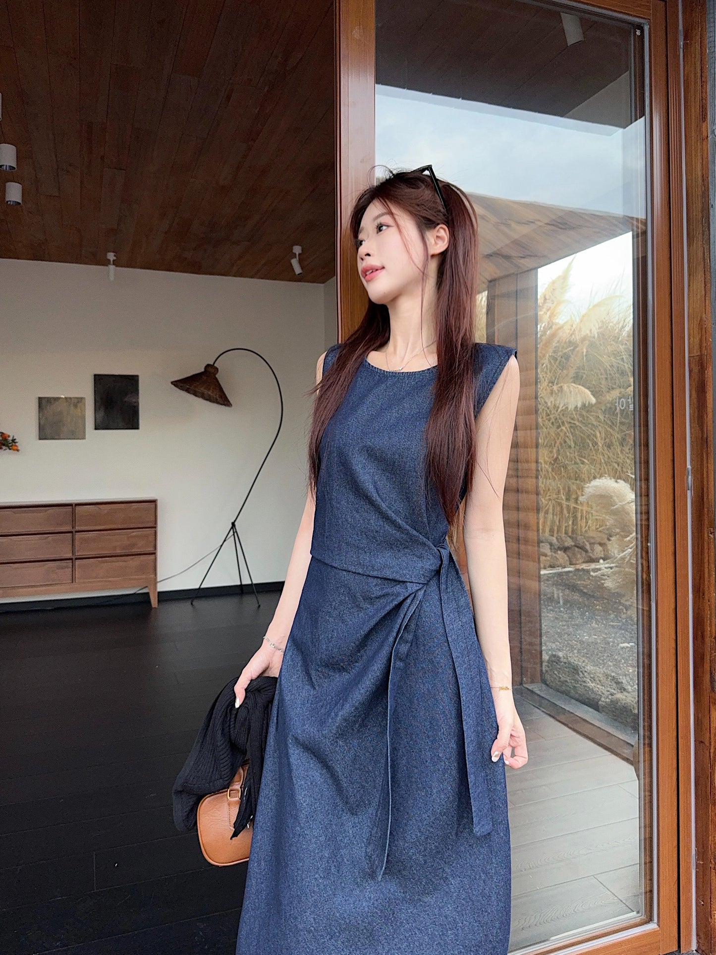 Pleated Blue Denim Dress