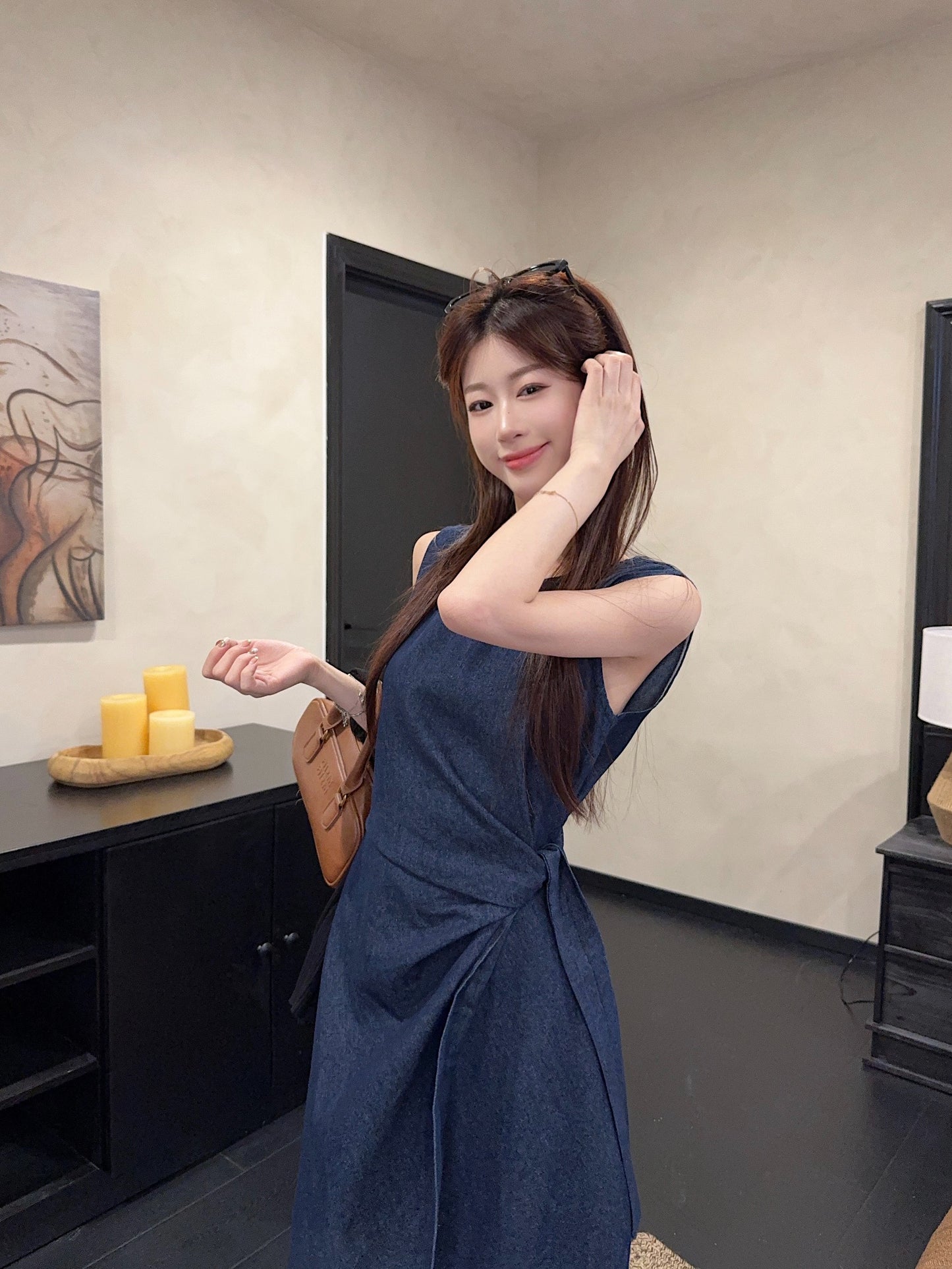 Pleated Blue Denim Dress
