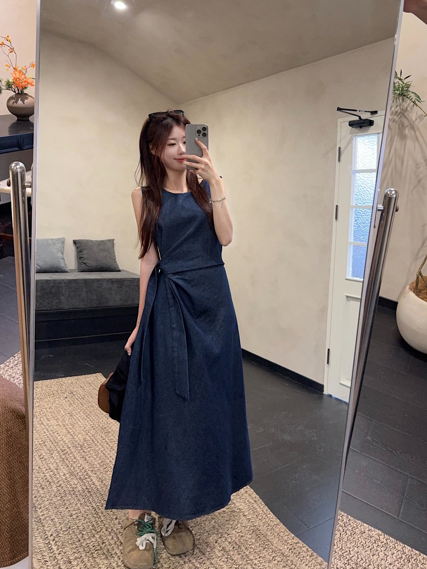 Pleated Blue Denim Dress