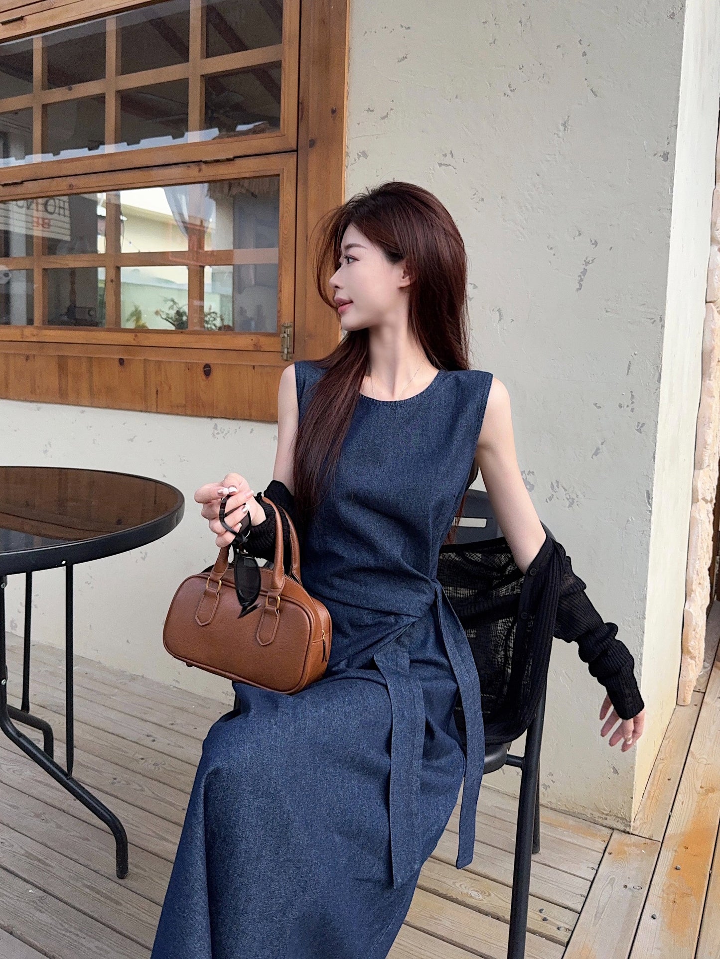 Pleated Blue Denim Dress