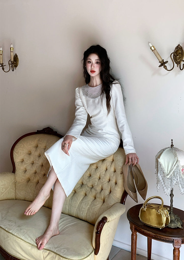 Sophisticated Beaded Detail Long-Sleeve Dress