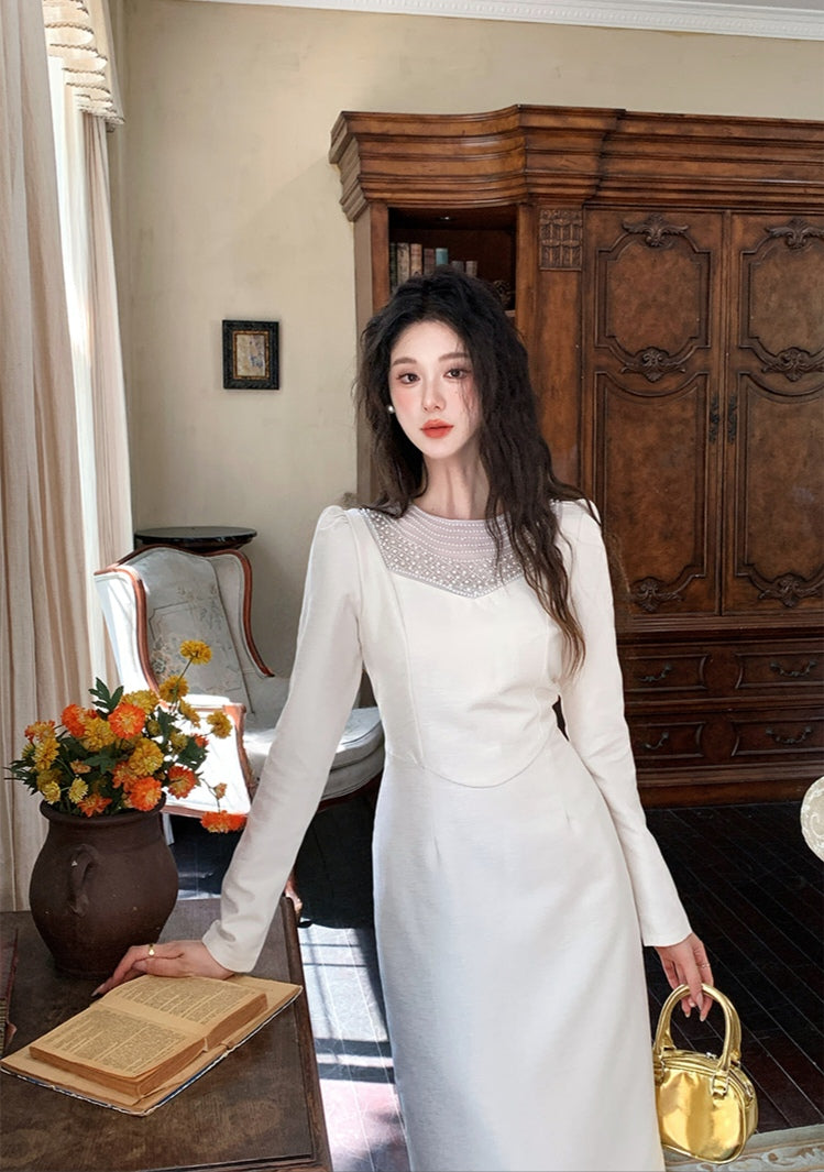Sophisticated Beaded Detail Long-Sleeve Dress