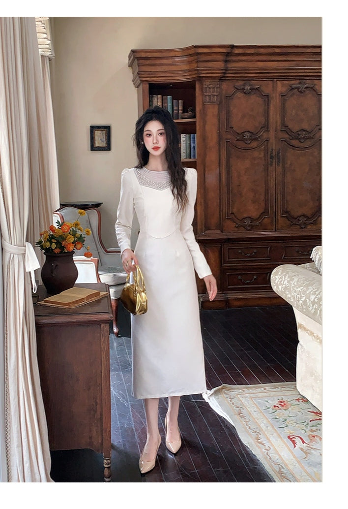 Sophisticated Beaded Detail Long-Sleeve Dress