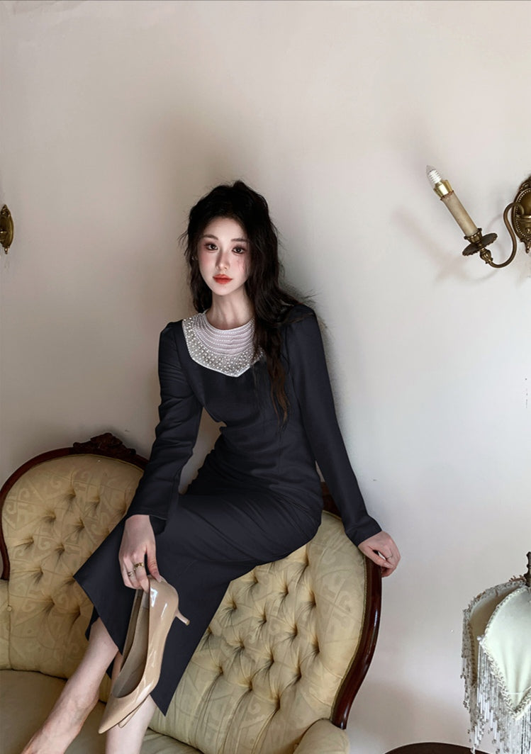 Sophisticated Beaded Detail Long-Sleeve Dress
