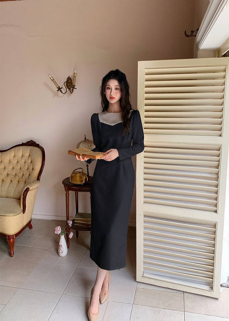 Sophisticated Beaded Detail Long-Sleeve Dress