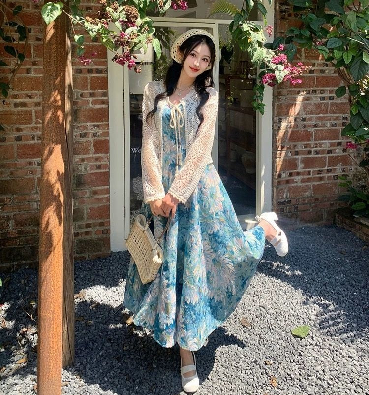 Pastel Floral Print Dress with White Crochet Shrug