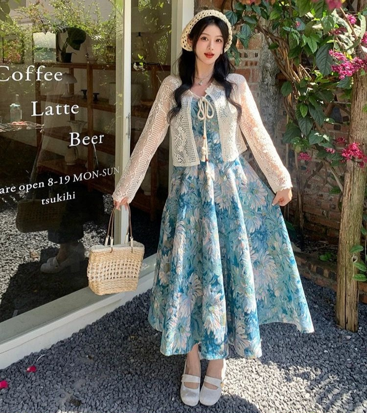 Pastel Floral Print Dress with White Crochet Shrug