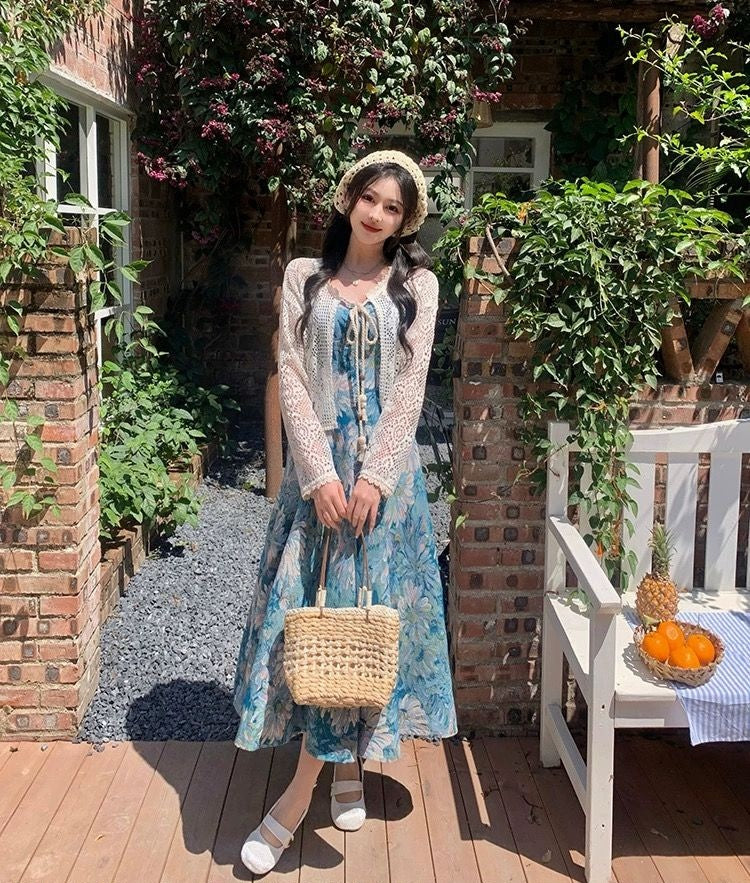 Pastel Floral Print Dress with White Crochet Shrug