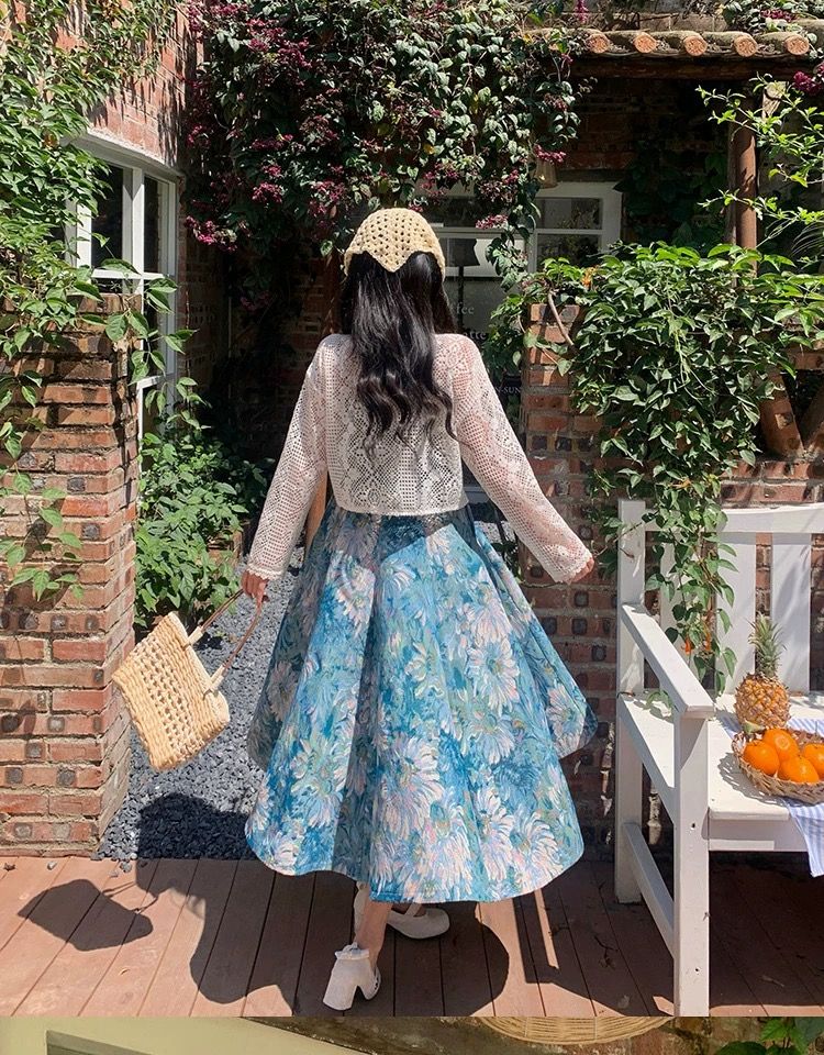 Pastel Floral Print Dress with White Crochet Shrug