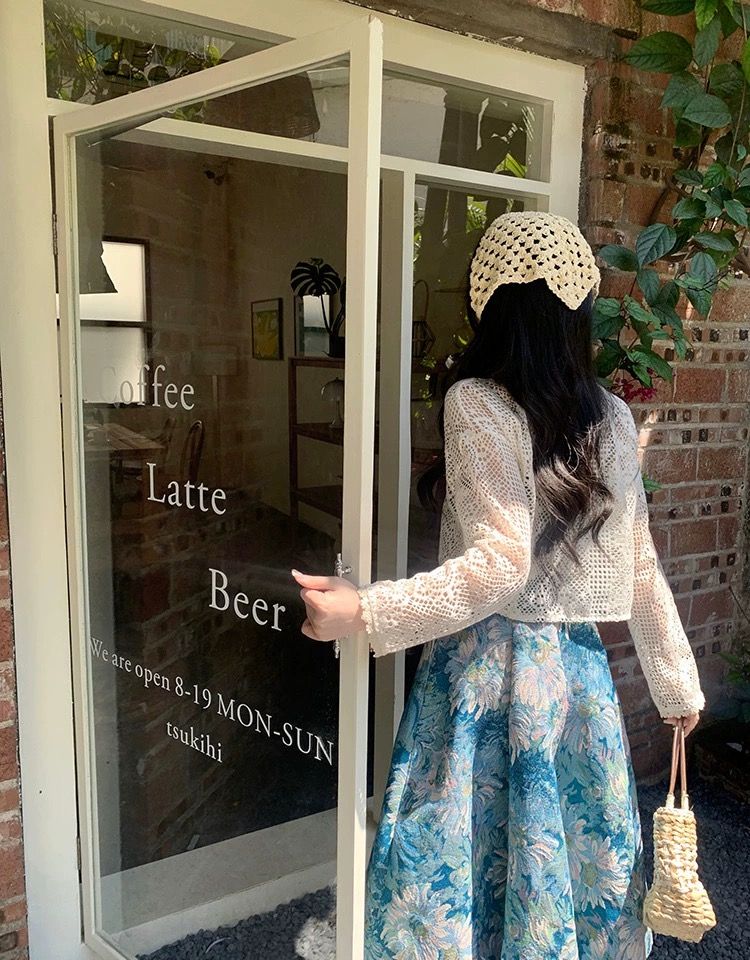 Pastel Floral Print Dress with White Crochet Shrug