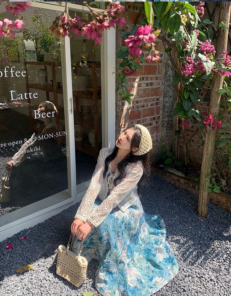 Pastel Floral Print Dress with White Crochet Shrug