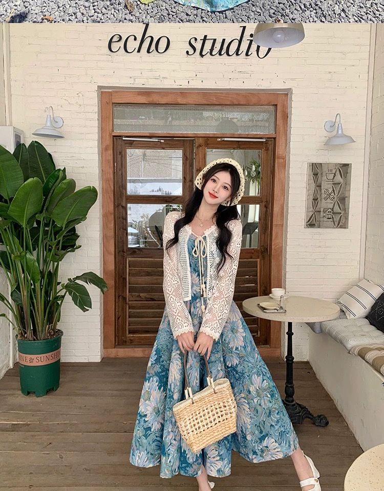 Pastel Floral Print Dress with White Crochet Shrug