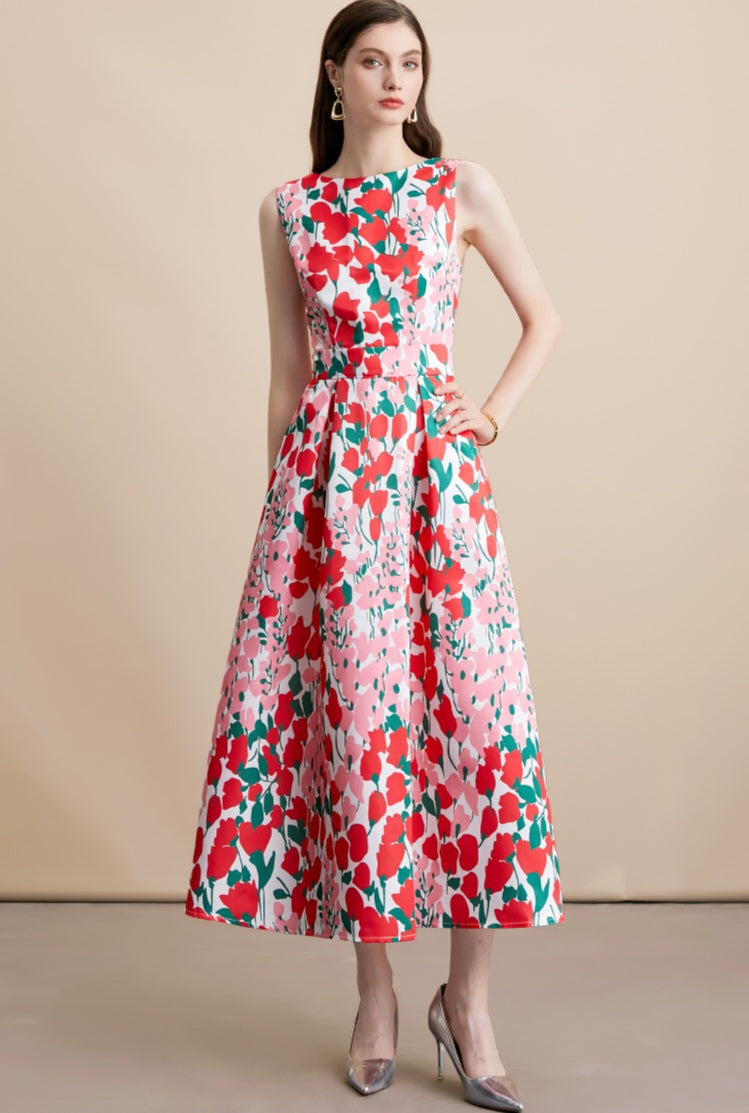 Red Floral Print Sleeveless A-Line Midi Dress