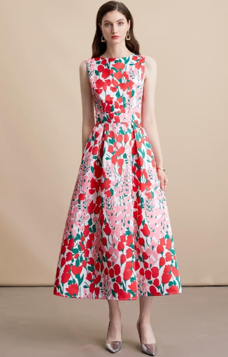 Red Floral Print Sleeveless A-Line Midi Dress