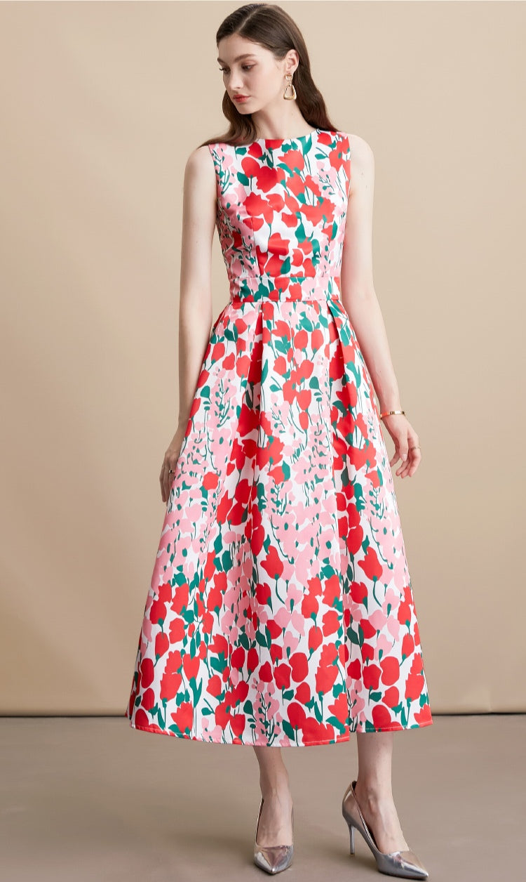 Red Floral Print Sleeveless A-Line Midi Dress