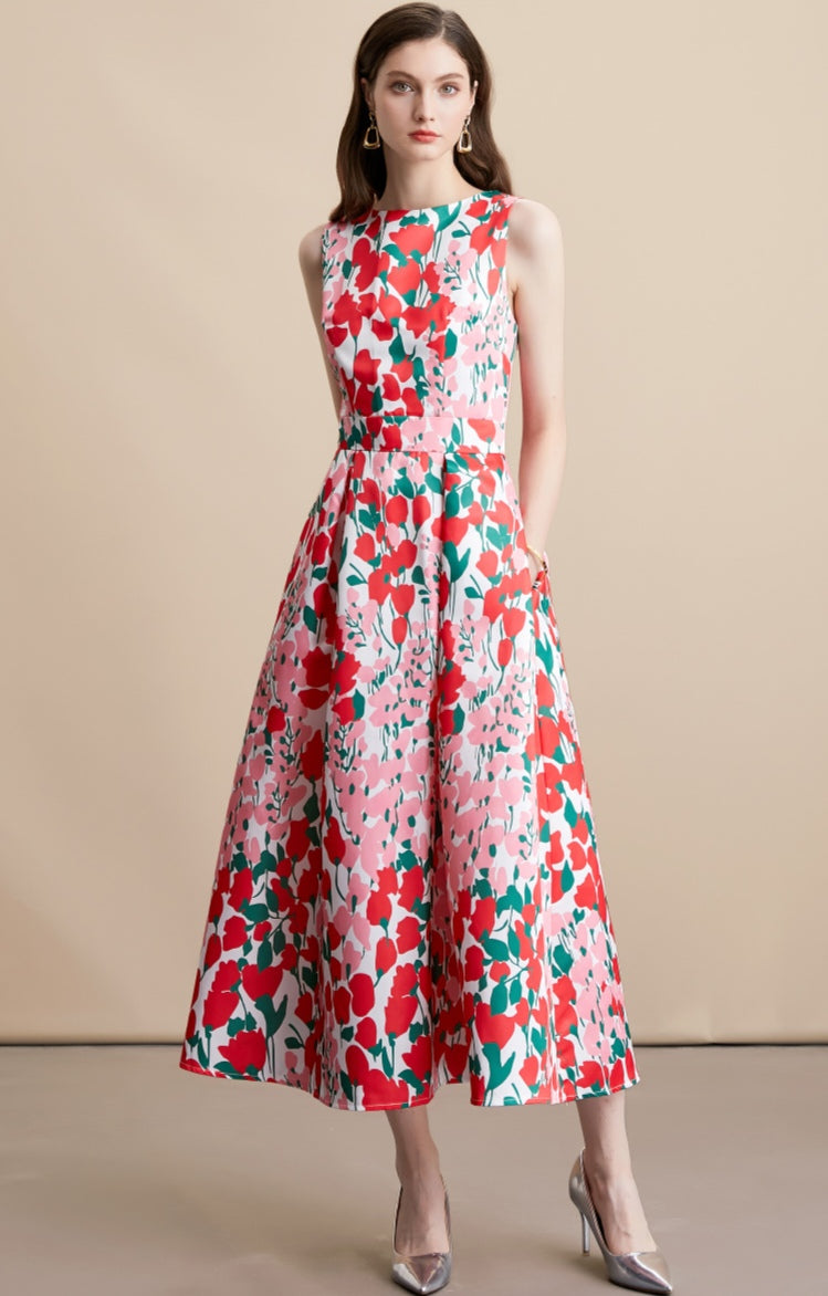 Red Floral Print Sleeveless A-Line Midi Dress
