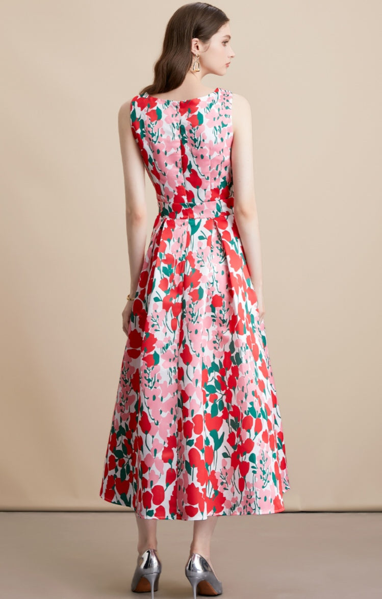 Red Floral Print Sleeveless A-Line Midi Dress