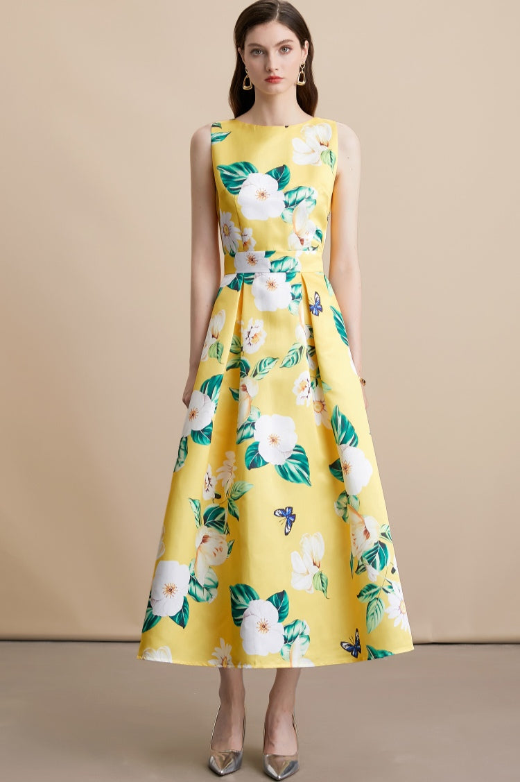 Yellow Floral Sleeveless Pleated Midi Dress