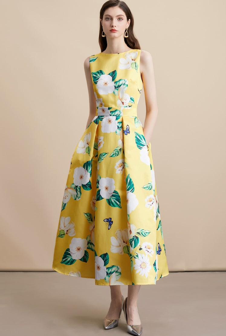 Yellow Floral Sleeveless Pleated Midi Dress