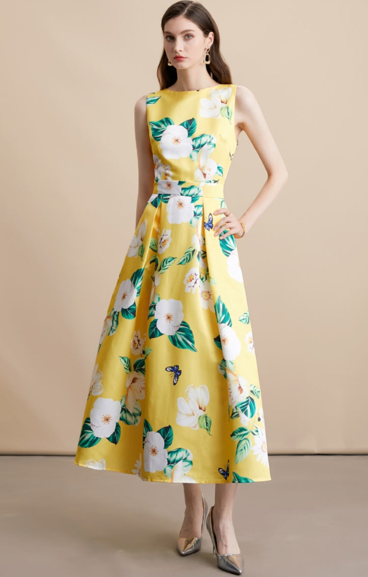 Yellow Floral Sleeveless Pleated Midi Dress