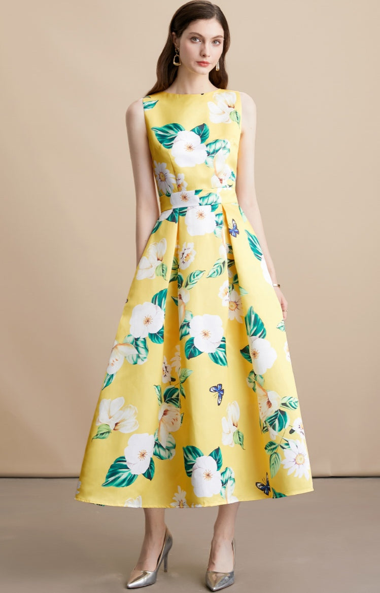 Yellow Floral Sleeveless Pleated Midi Dress
