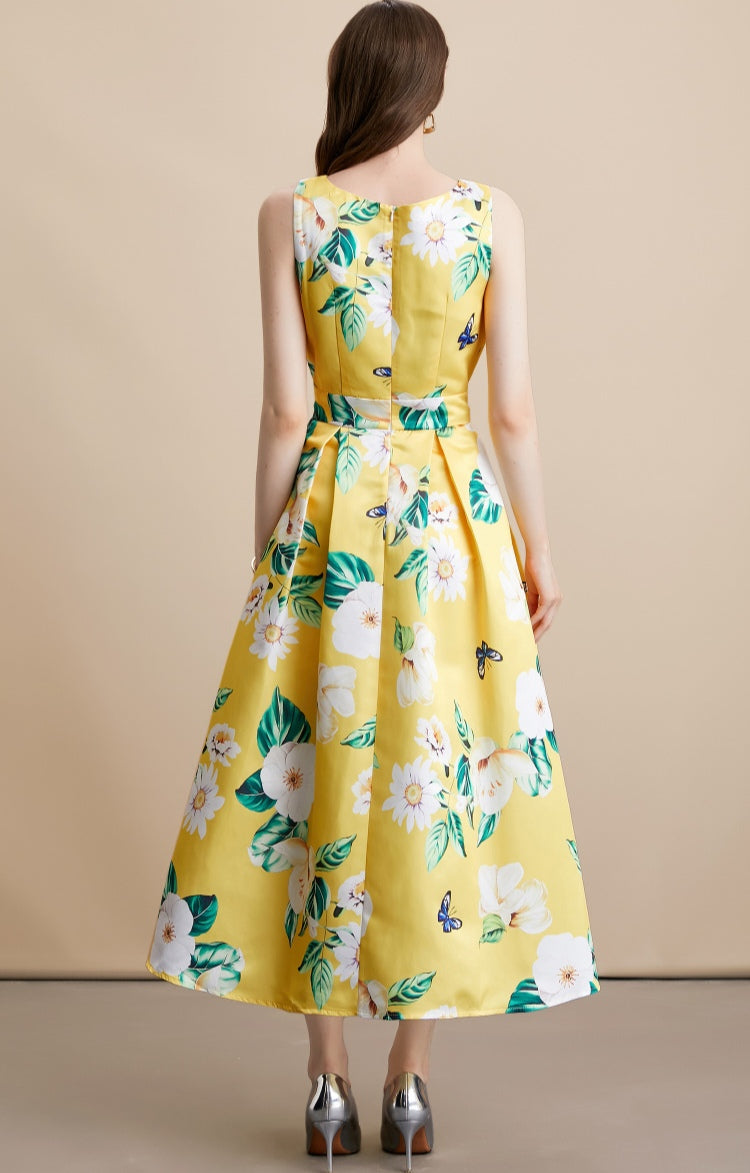 Yellow Floral Sleeveless Pleated Midi Dress