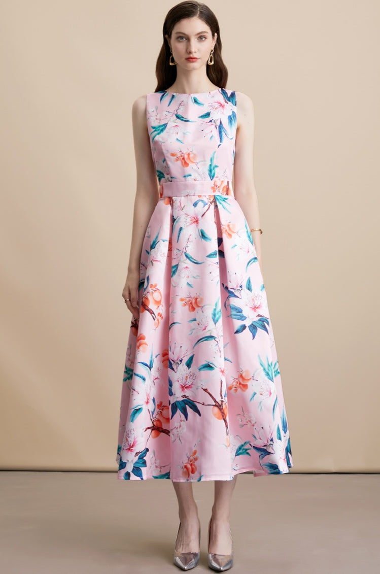 Pink Floral Sleeveless Pleated Midi Dress
