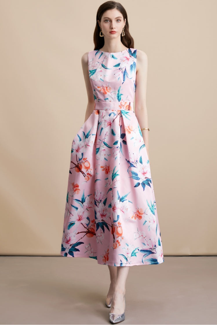 Pink Floral Sleeveless Pleated Midi Dress