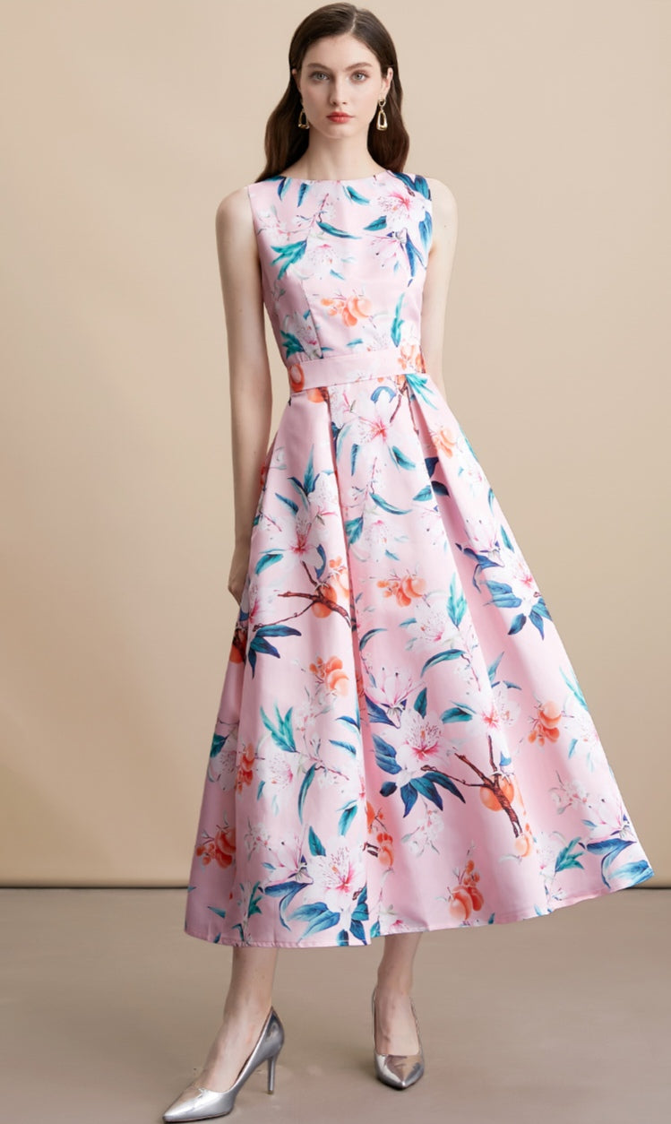 Pink Floral Sleeveless Pleated Midi Dress