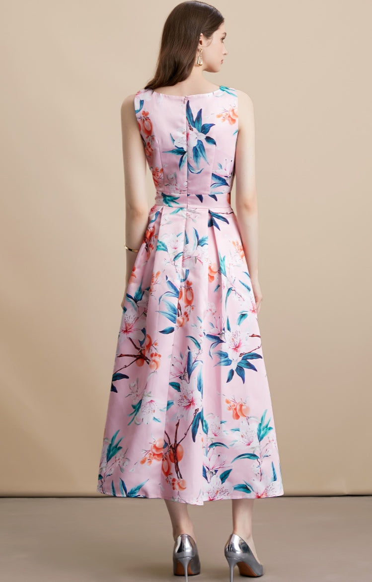 Pink Floral Sleeveless Pleated Midi Dress