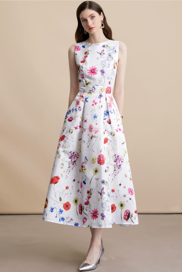 White Floral Sleeveless Pleated Midi Dress