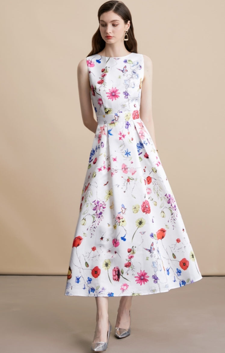 White Floral Sleeveless Pleated Midi Dress