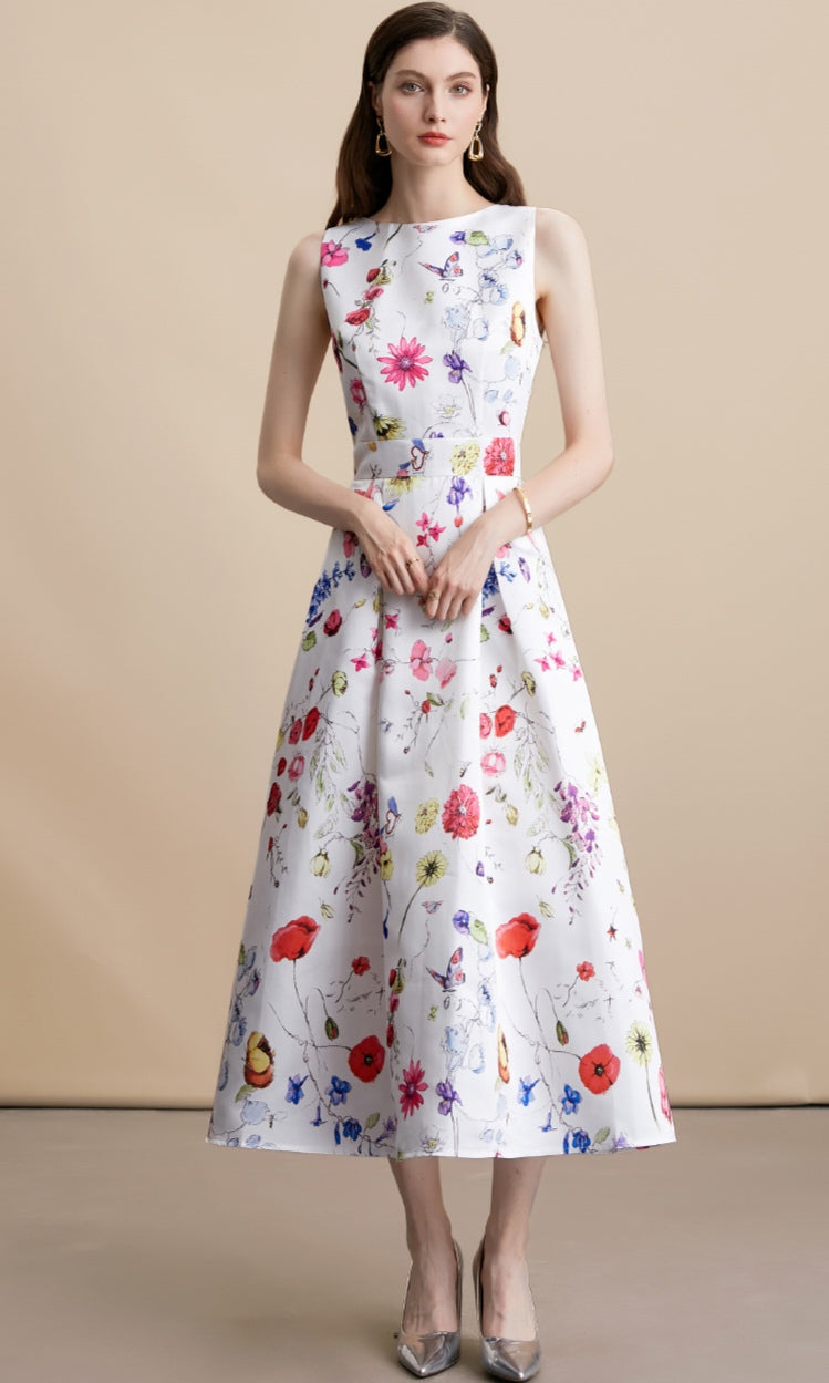 White Floral Sleeveless Pleated Midi Dress