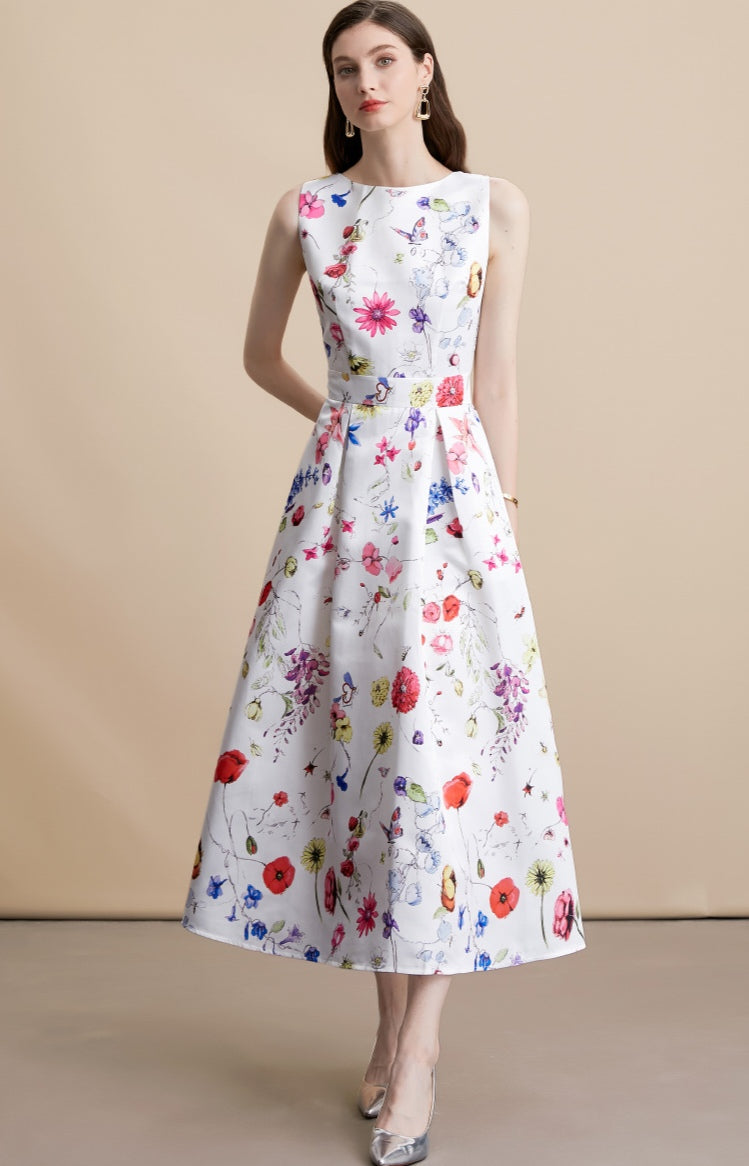 White Floral Sleeveless Pleated Midi Dress