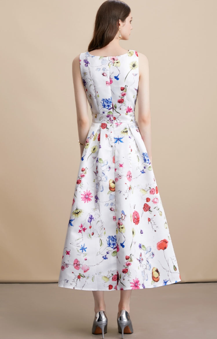 White Floral Sleeveless Pleated Midi Dress