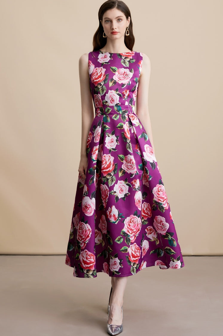 Purple Floral Sleeveless Pleated Midi Dress
