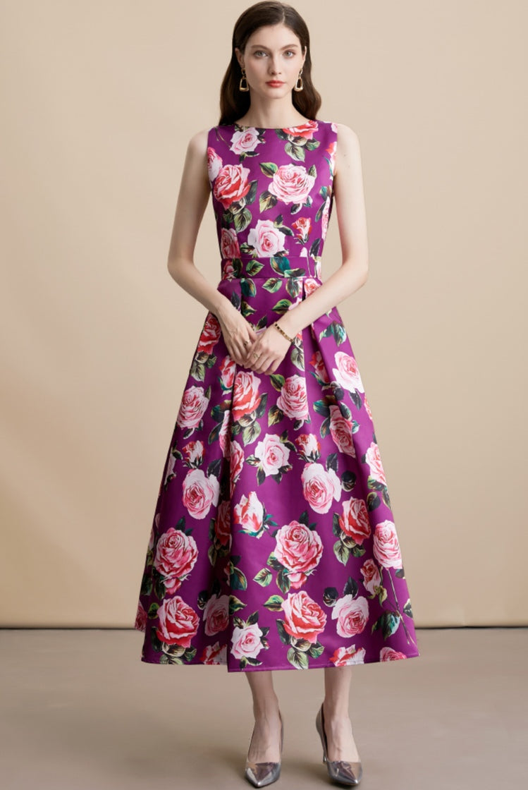 Purple Floral Sleeveless Pleated Midi Dress