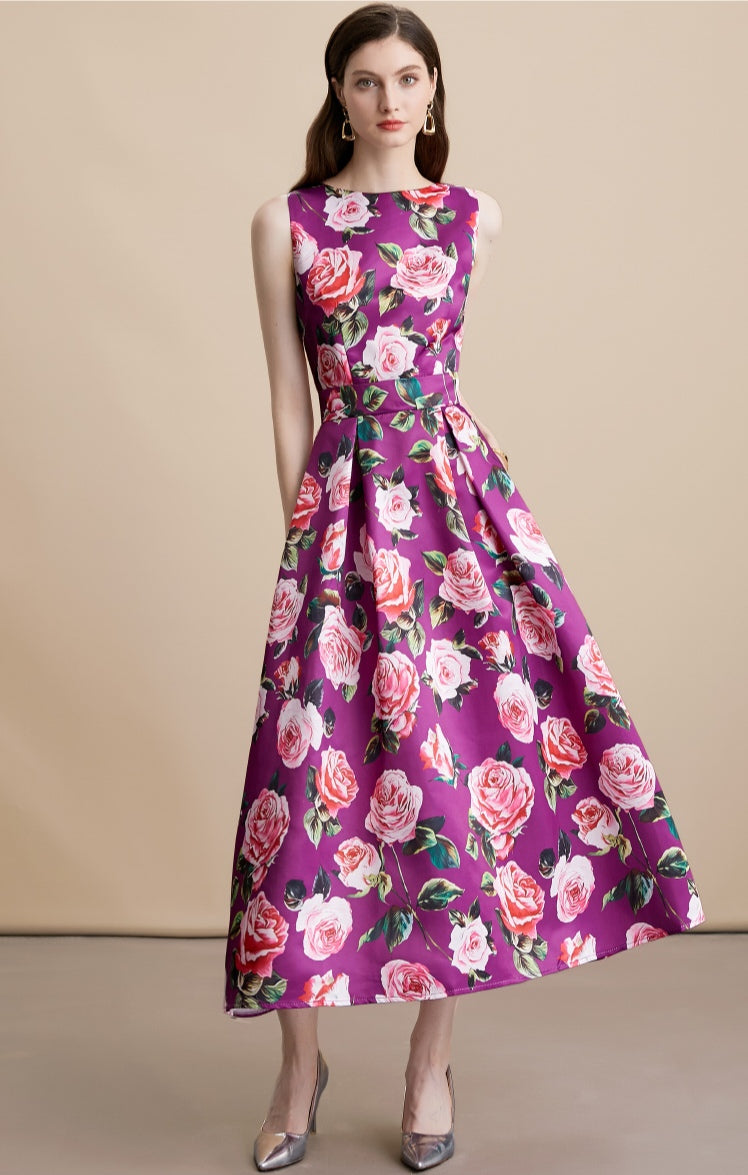 Purple Floral Sleeveless Pleated Midi Dress