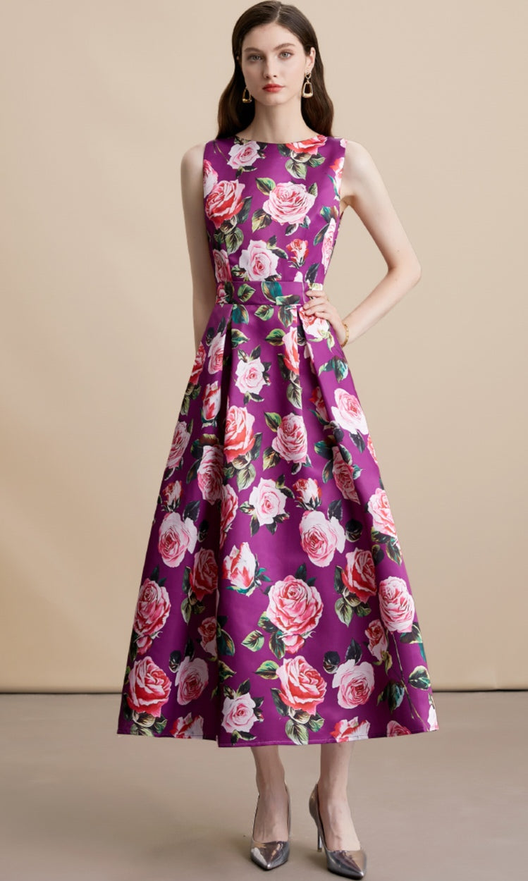 Purple Floral Sleeveless Pleated Midi Dress