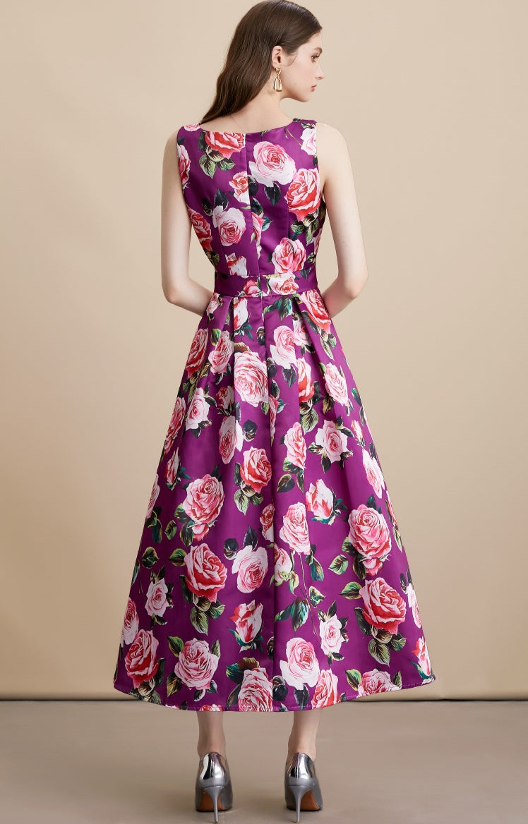 Purple Floral Sleeveless Pleated Midi Dress