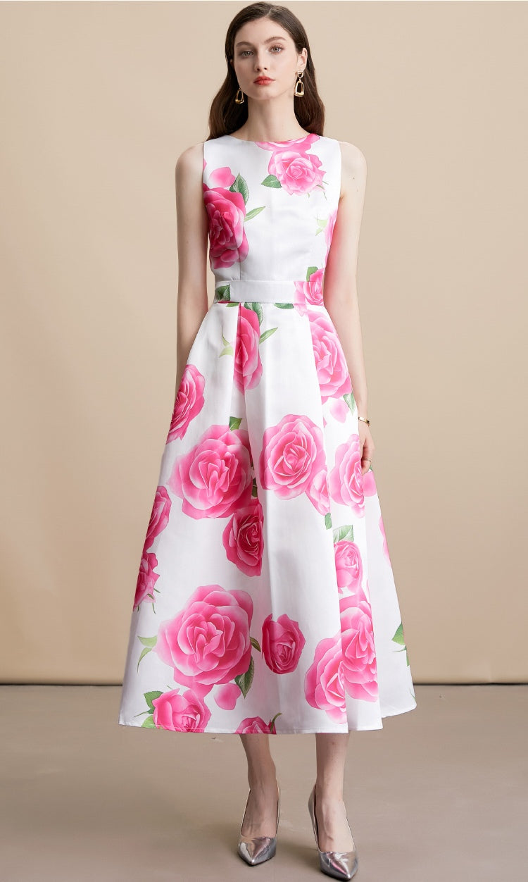 Pink Rose Floral Print Sleeveless A-Line Midi Dress