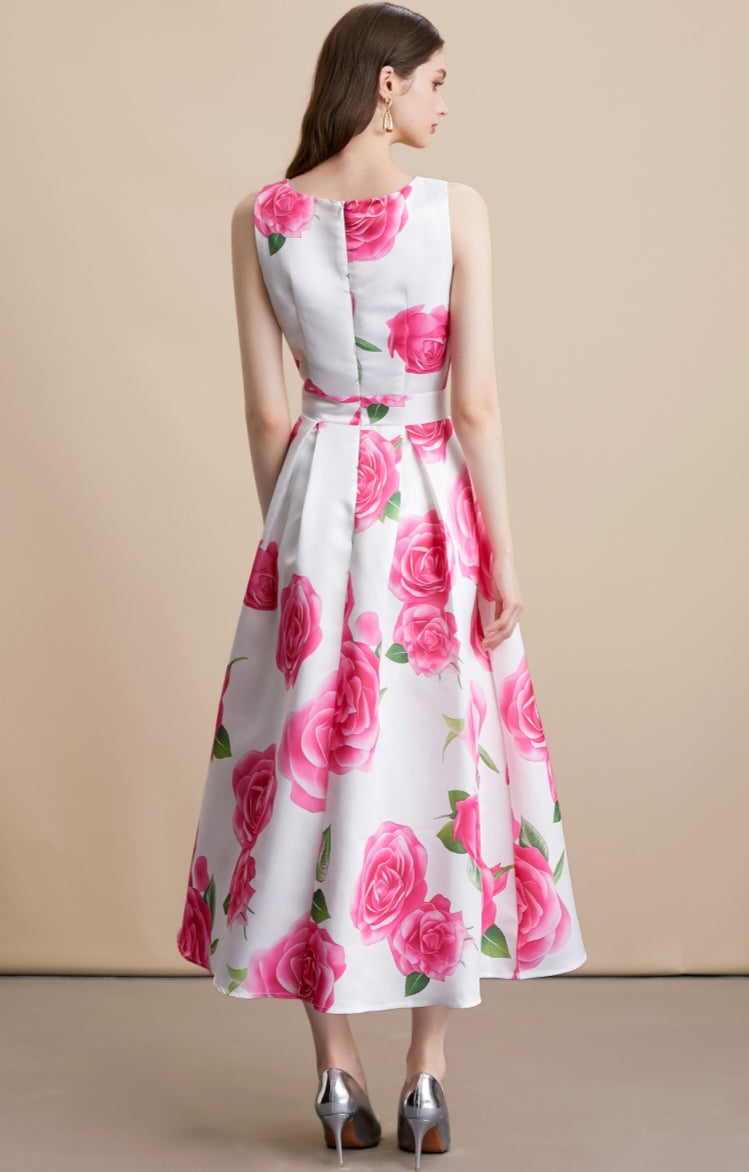 Pink Rose Floral Print Sleeveless A-Line Midi Dress