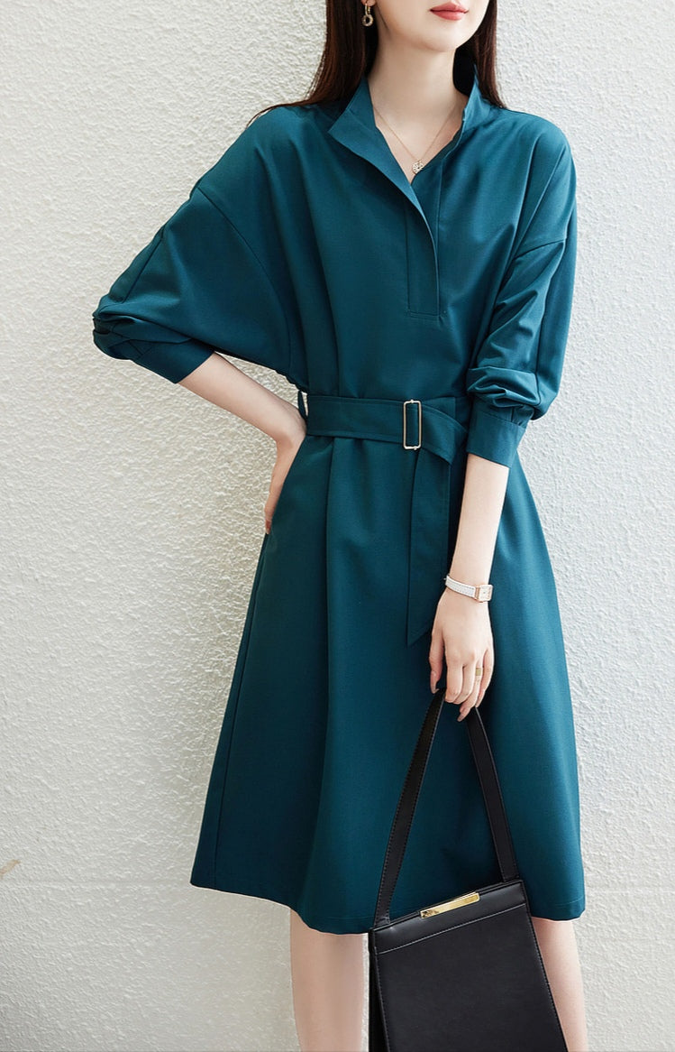 Women's Loose Fit A-Line Shirt Dress with Belt