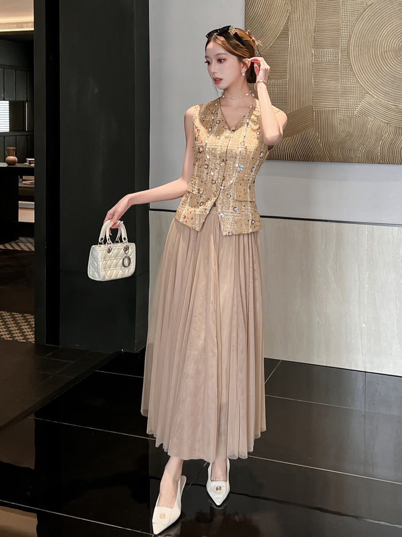 Beige Tweed Vest with Pleated Tulle Skirt